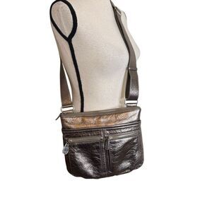 Brighton Zoe Metallic Bronze Crinkle Leather Crossbody Bag
